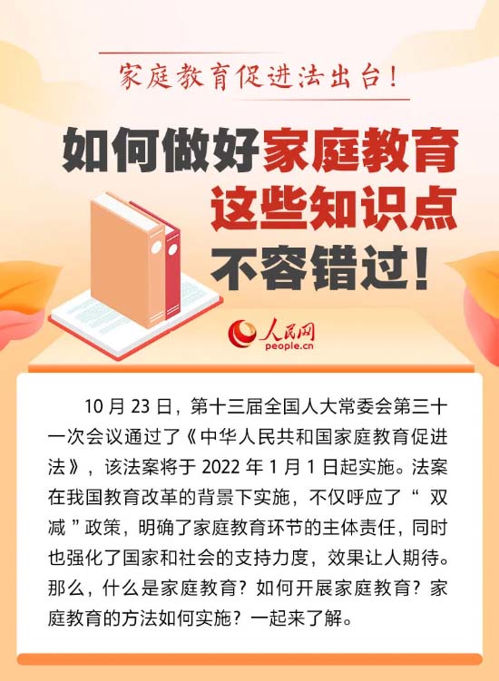 中华人民共和国家庭教育促进法于2022年1月1日正式施行